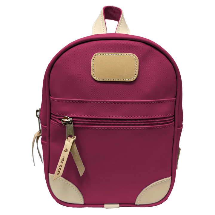 Jon Hart Mini Backpack, 11.5x9x3.75 in, coated canvas with leather trim.