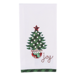 Embroidered Christmas tea towel with festive tree and red, white, and green “Joy” lettering.