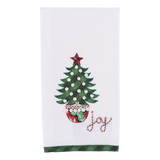 Embroidered Christmas tea towel with festive tree and red, white, and green “Joy” lettering.