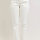 White high-waisted Judy Blue jeans with 11" rise, 28" inseam, and soft stretch denim.