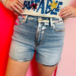 Judy Blue high waisted denim shorts with silver foil detail.