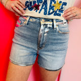 Judy Blue high waisted denim shorts with silver foil detail.