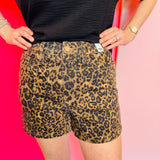 Judy Blue leopard print high rise shorts with pockets and button closure.