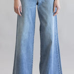 Judy Blue retro wide leg jeans with mid rise, 33-inch inseam, soft stretch denim, vintage silhouette.
