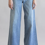 Judy Blue retro wide leg jeans with mid rise, 33-inch inseam, soft stretch denim, vintage silhouette.