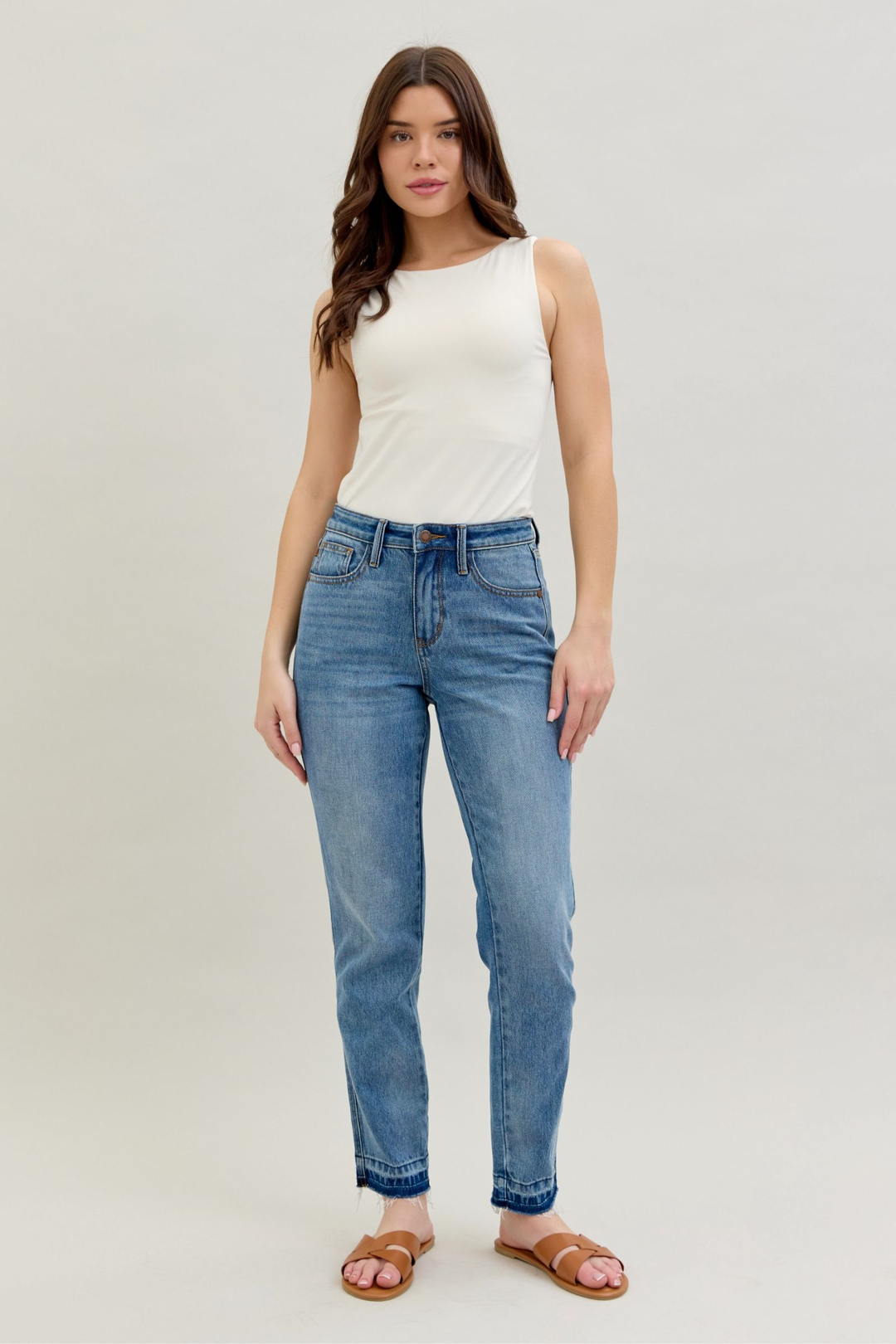 Judy Blue MR Rigid Magic Boyfriend Jeans with release hem, mid-rise 10.5" rise, 29.5" inseam.
