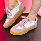Lilac leather suede lace-up sneakers with cushioned sole and rounded toe