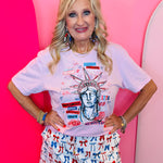 Pink patriotic graffiti tee with Statue of Liberty graphic and crystal rhinestone embellishments.