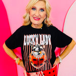 Black ladybug graphic tee with striped and rhinestone accents.