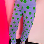 Purple barrel pants with large green polka dots and high waist fit.