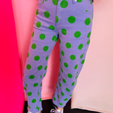 Purple barrel pants with large green polka dots and high waist fit.