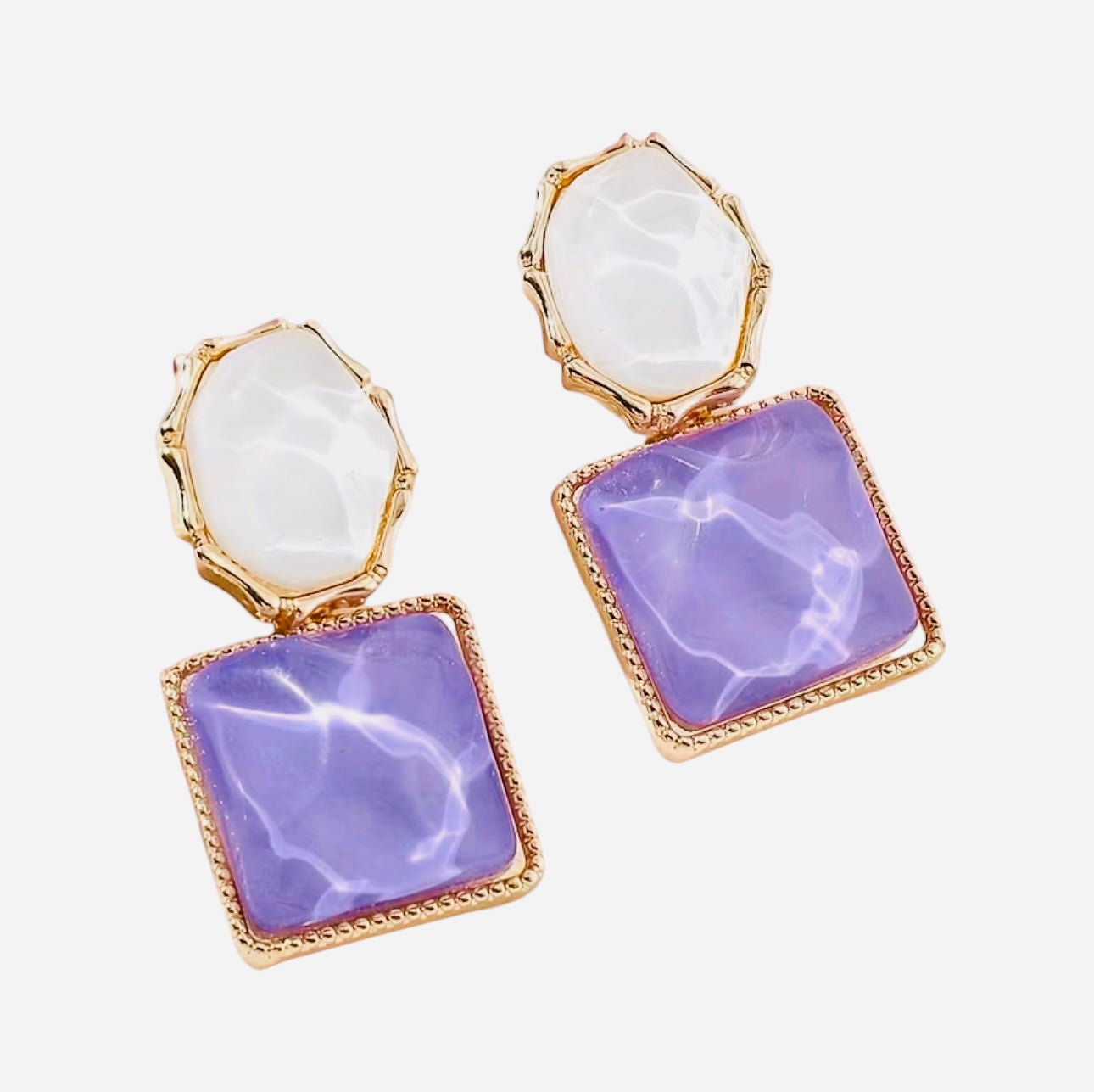 Lavender and pearl gold-tone resin dangle earrings.