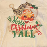 Cream rhinestone Christmas tee with vintage Santa, leopard hat, and “Merry Christmas Y’all” design.
