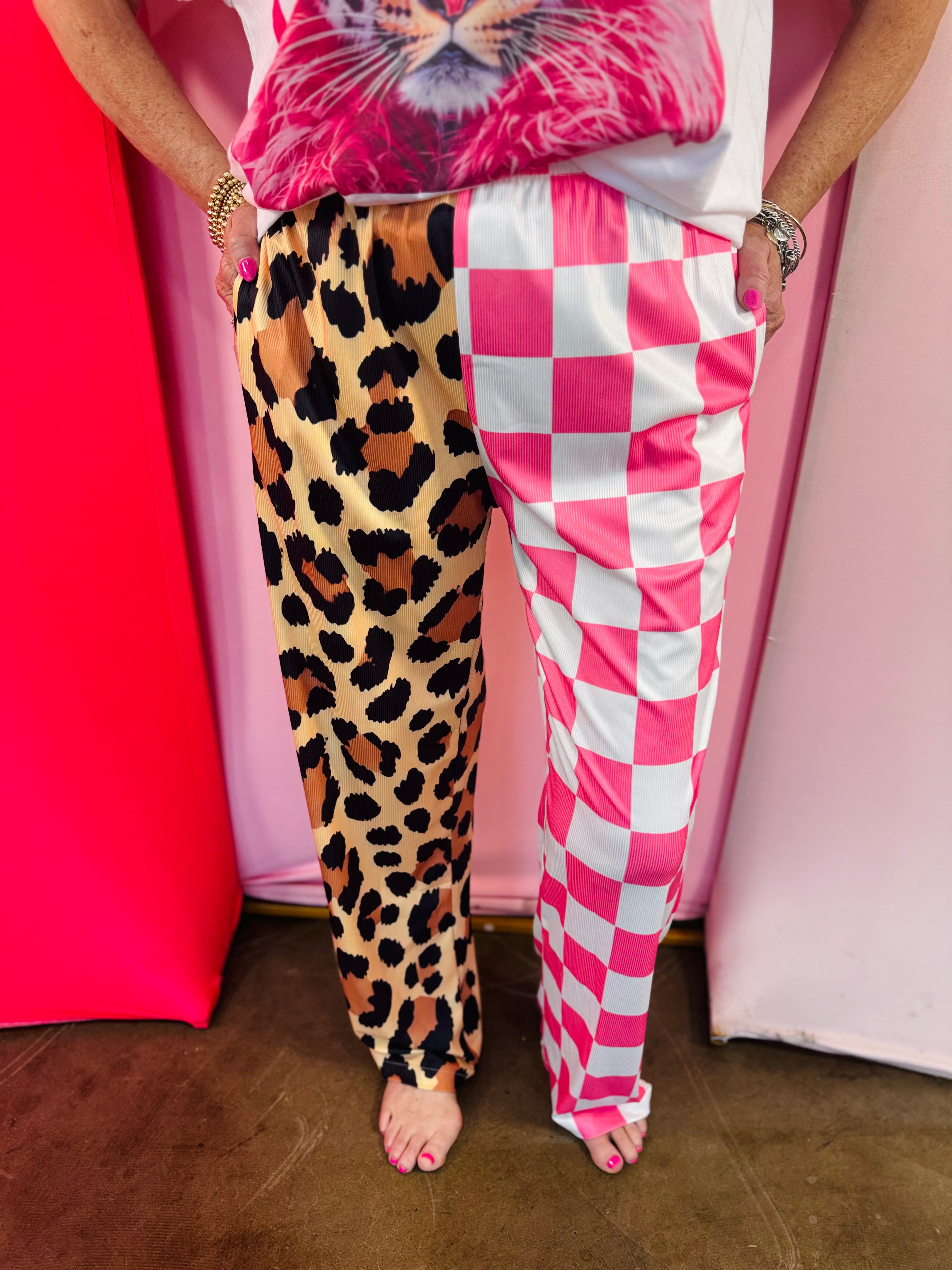 Leopard & Pink Checkered Split Pants