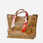 Leopard print tote bag with red twilly wrapped handles