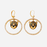 Leopard rhinestone hoop earrings in gold with black, green, and clear rhinestone accents.