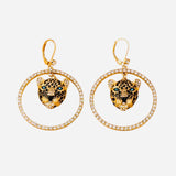 Leopard rhinestone hoop earrings in gold with black, green, and clear rhinestone accents.
