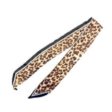 Neutral leopard print twilly scarf with black border and white trim