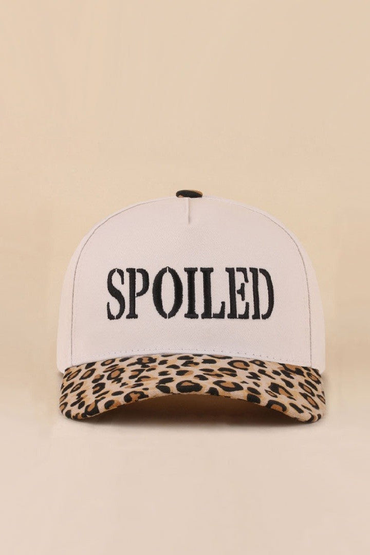 Two-tone snapback hat with SPOILED embroidery and leopard print bill.