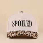 Two-tone snapback hat with SPOILED embroidery and leopard print bill.