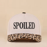 Two-tone snapback hat with SPOILED embroidery and leopard print bill.