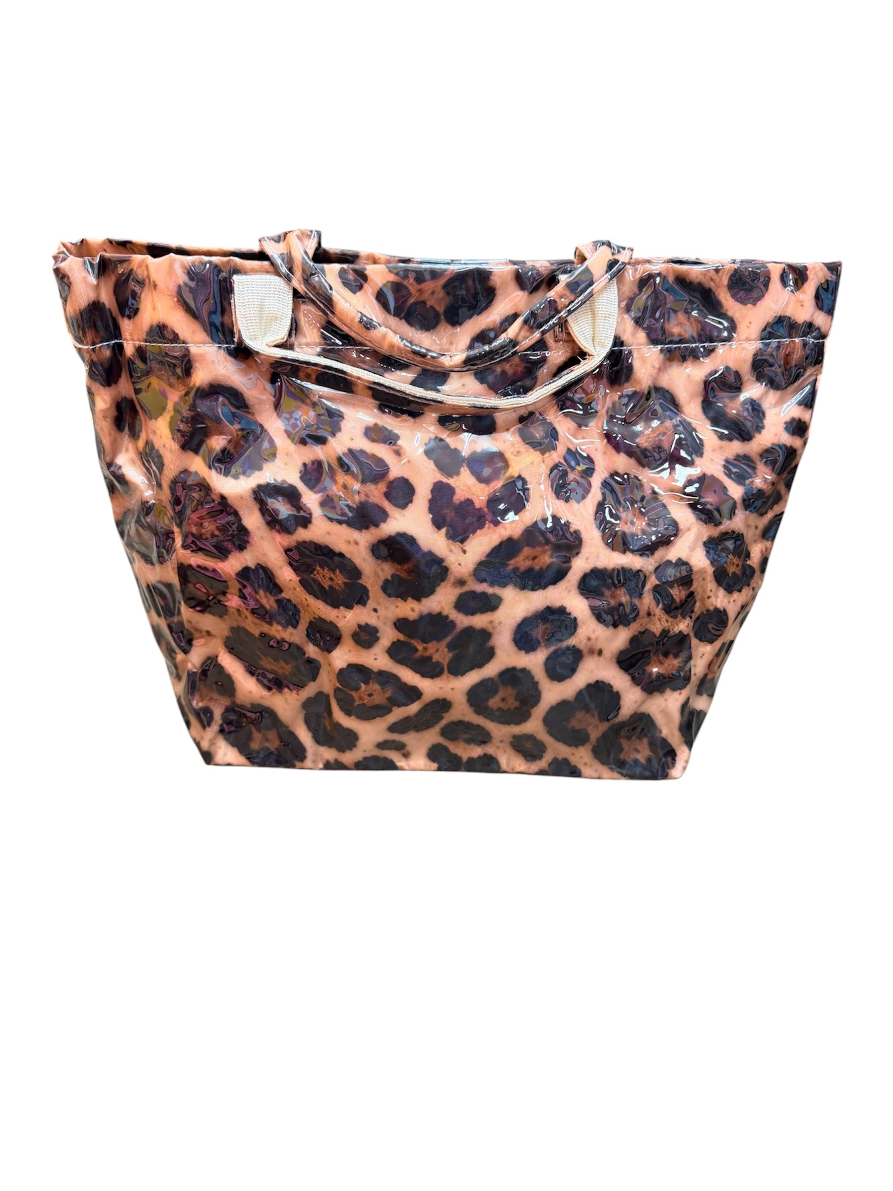Leopard print PVC tote bag with glossy finish, sturdy handles, interior pockets, and Velcro closure.