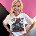 White Halloween zebra tee with witch hat and orange black crystal collar.