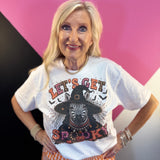 White Halloween zebra tee with witch hat and orange black crystal collar.