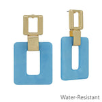 Light blue acrylic gold square earrings, 2 inch, water resistant and lightweight.