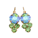Light green AB rhinestone dangle earrings with oversized top stone and three smaller cascading rhinestones, 1.38 x 0.53 inches