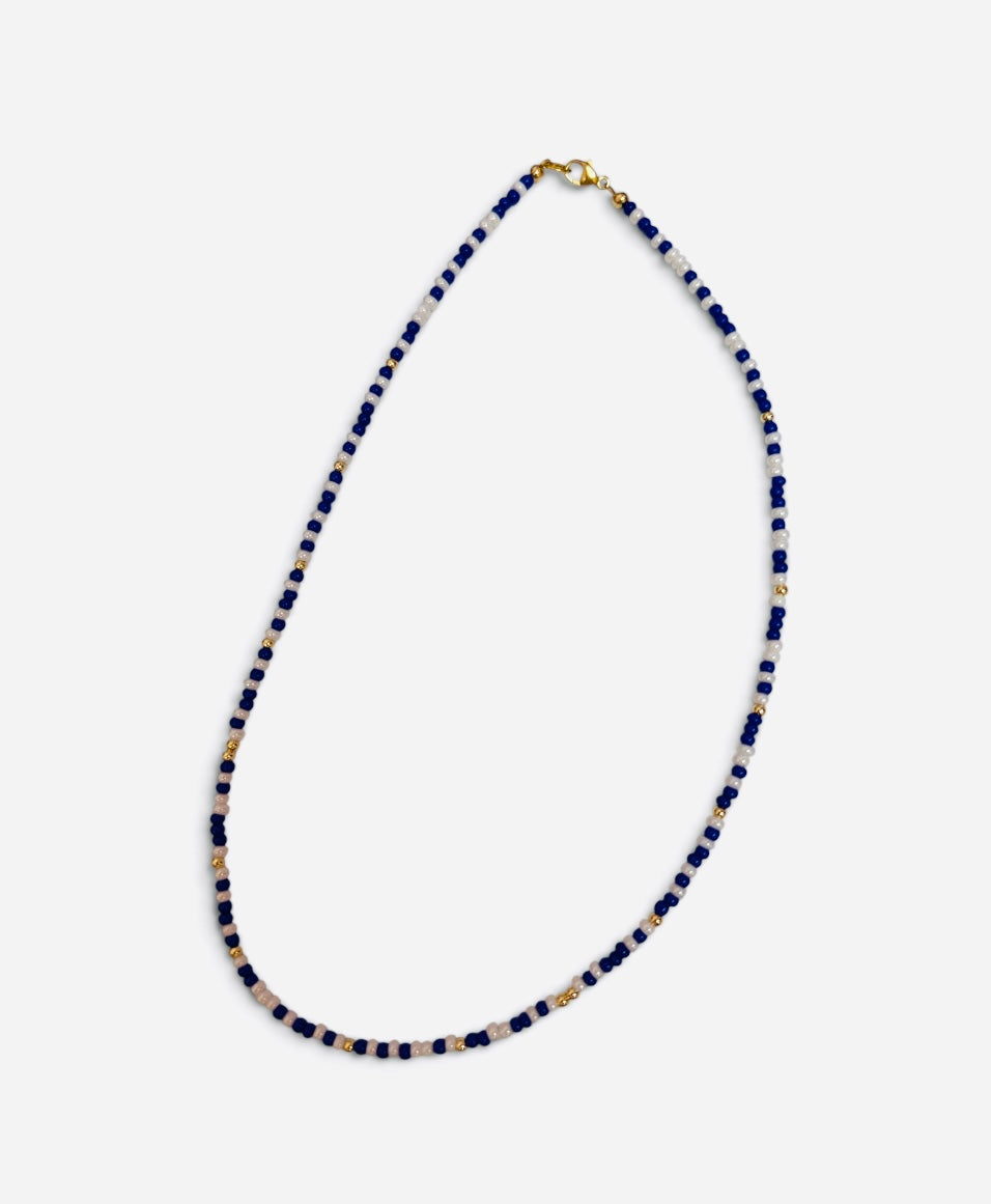 Blue and white waterproof game day necklace with Czech glass beads and gold-filled accents.