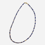 Blue and white waterproof game day necklace with Czech glass beads and gold-filled accents.