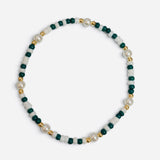 Green and white waterproof game day bracelet with gold-filled beads and glass pearl accents.