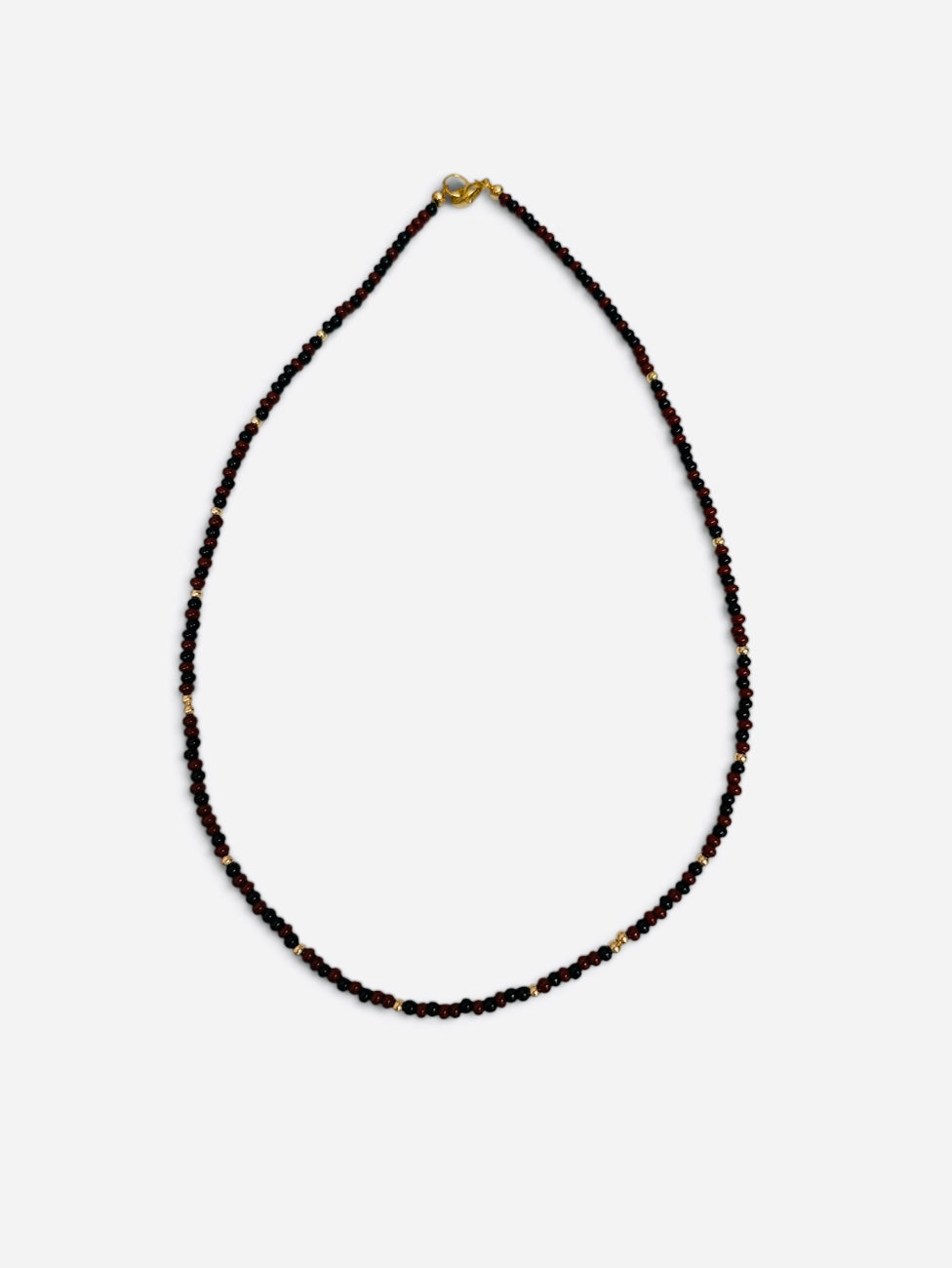 Maroon and black waterproof game day necklace with Czech glass beads and gold-filled accents.