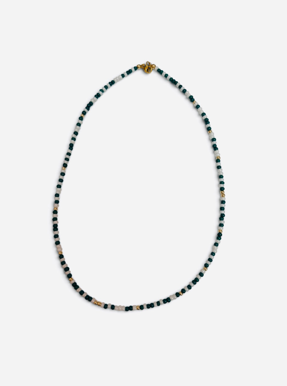 Green and white waterproof game day necklace with Czech glass beads and gold-filled accents.