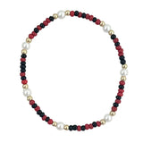 Maroon and black waterproof game day bracelet with gold-filled beads and glass pearl accents.