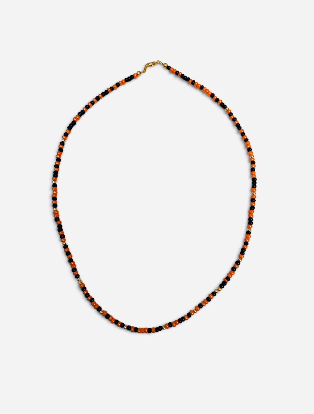 Orange and black waterproof game day necklace with Czech glass beads and gold-filled accents.