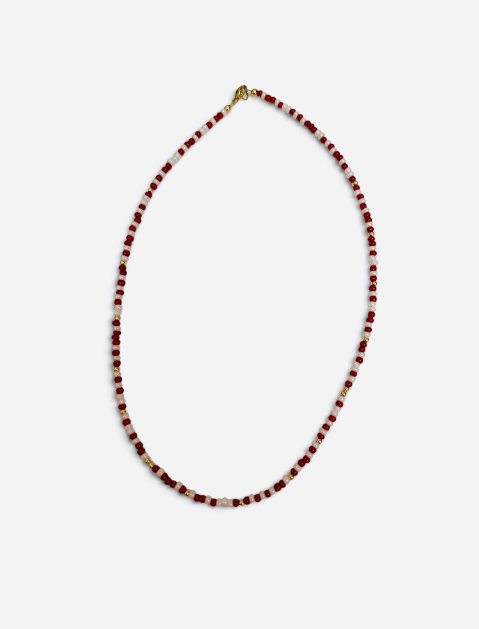 Red and white waterproof game day necklace with Czech glass beads and gold-filled accents.