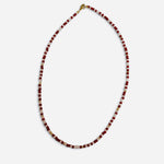 Red and white waterproof game day necklace with Czech glass beads and gold-filled accents.