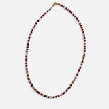 Red and white waterproof game day necklace with Czech glass beads and gold-filled accents.
