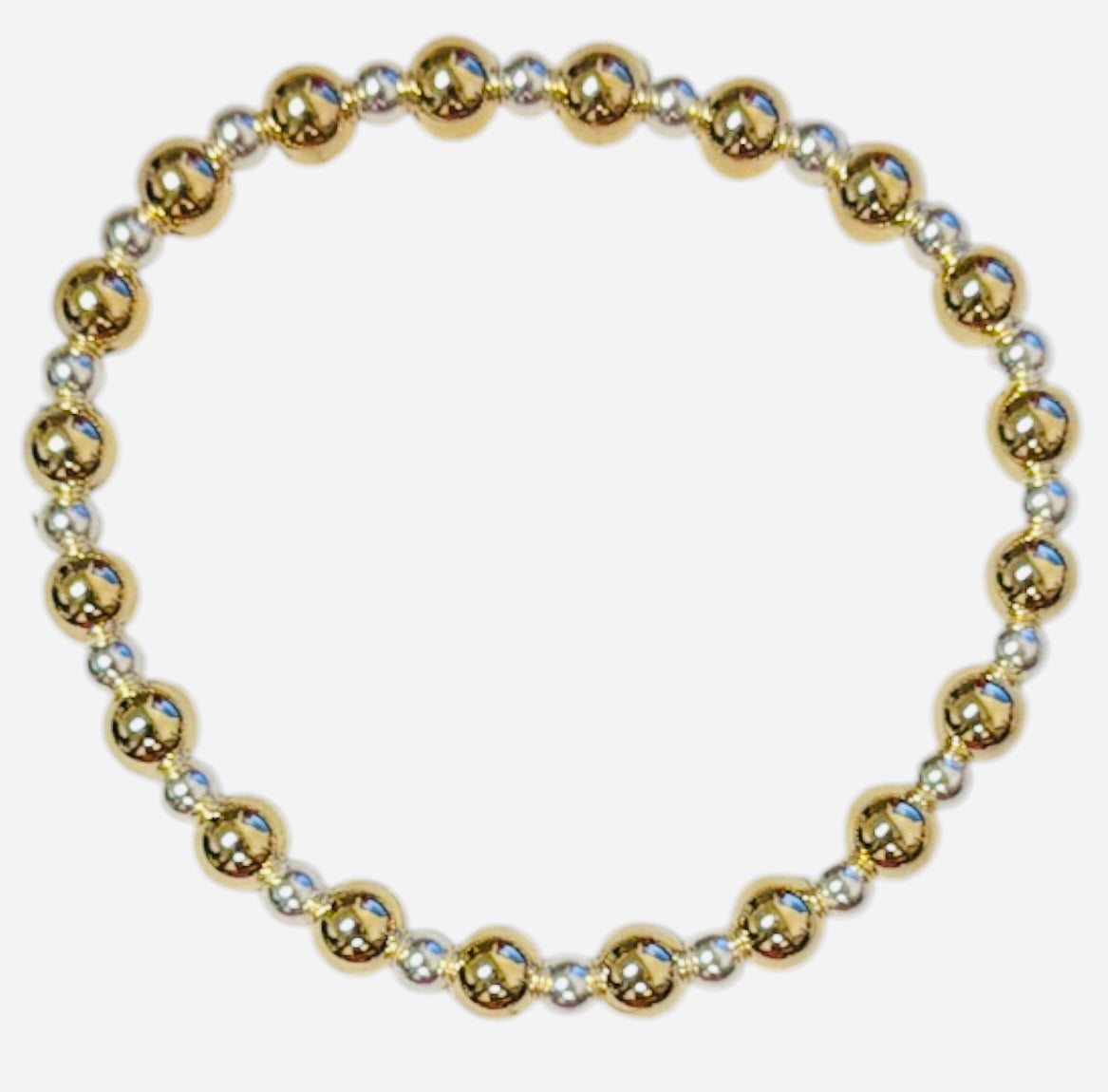 Mixed metal gold and silver beaded stretch bracelet with waterproof design.