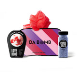 Pink and white Love Bath Bomb Gift Set with lavender scent, loofah, and sparkle salts.