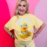 Daffodil yellow tee with rhinestone duck graphic and sparkling bling collar design.