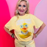 Daffodil yellow tee with rhinestone duck graphic and sparkling bling collar design.