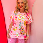 Pink Mahjong sequin top with martinis and colorful tile-inspired sleeve details.