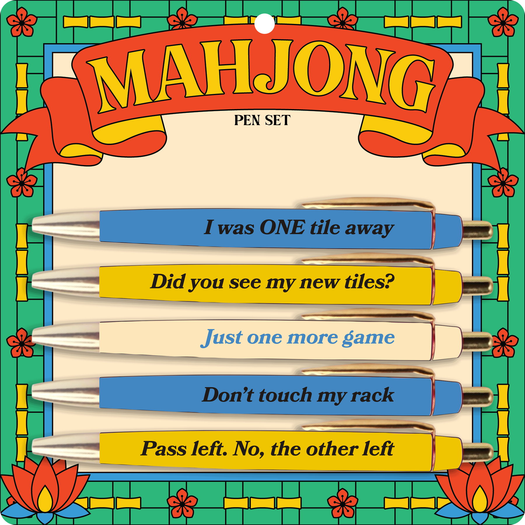 Set of five Mahjong pens featuring funny game night sayings and phrases.
