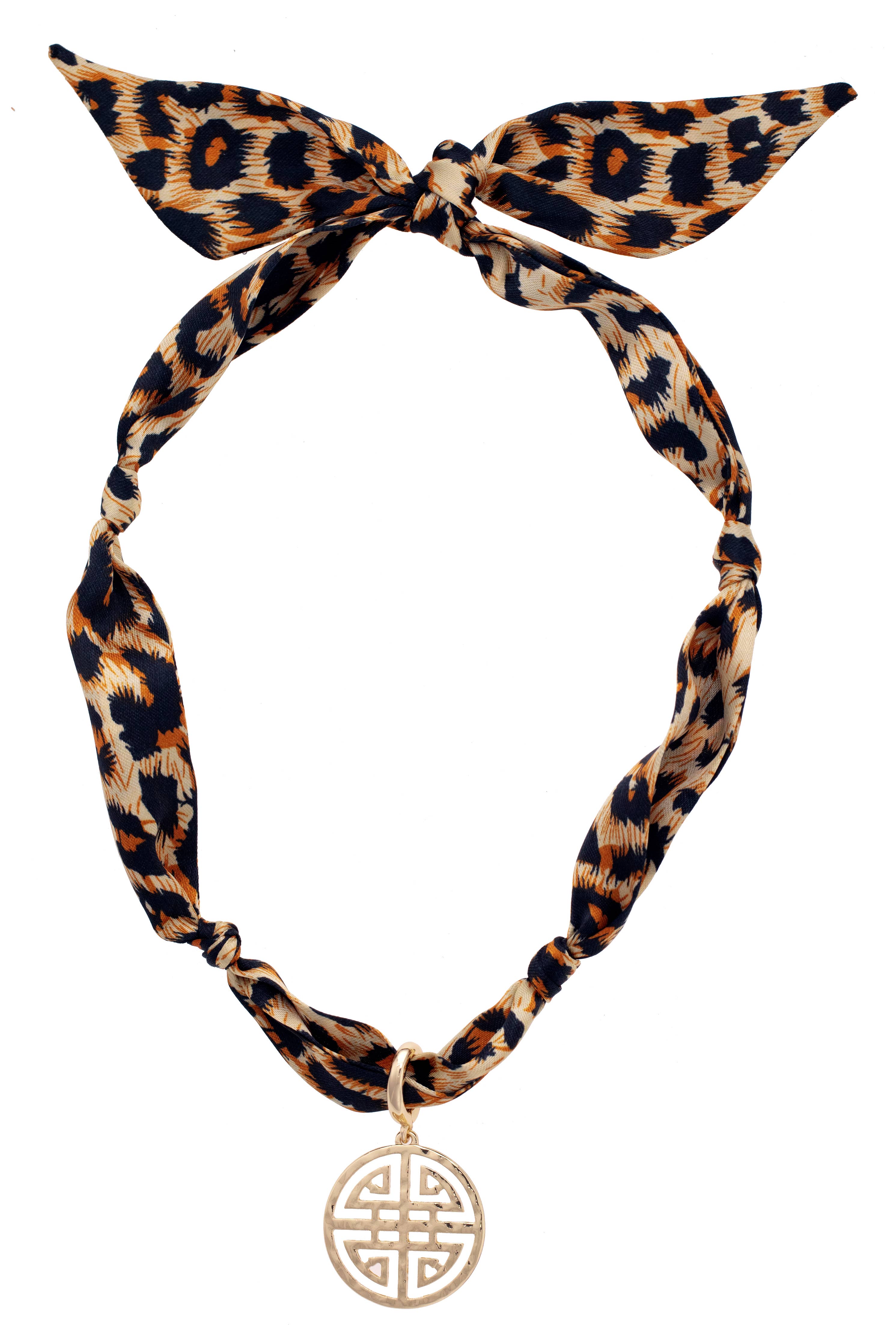 Leopard print scarf necklace with classic Greek key detailing.