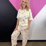 Cream mallard duck print set with cropped tee and wide leg drawstring pants.