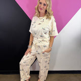 Cream mallard duck print set with cropped tee and wide leg drawstring pants.