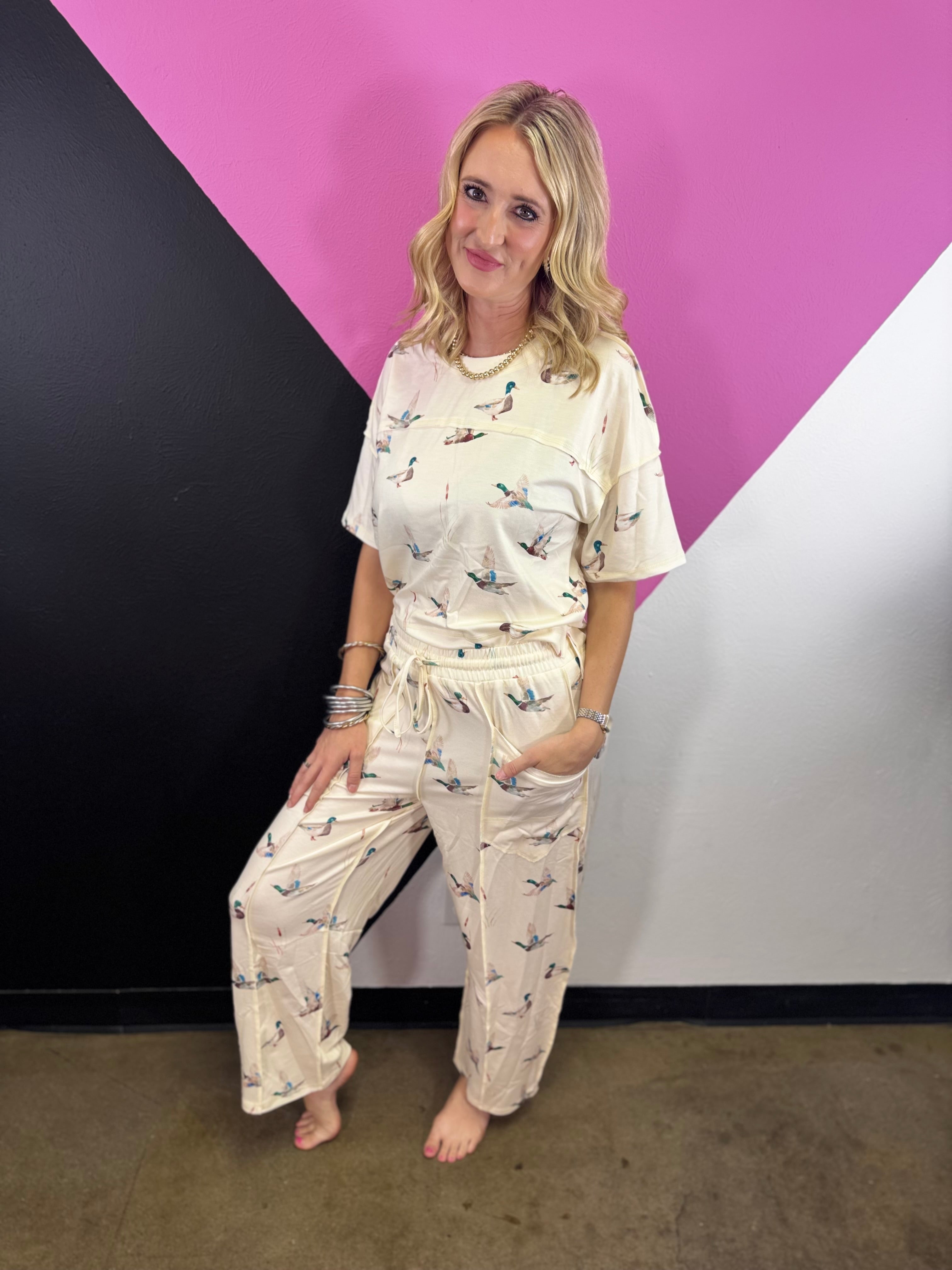 Cream mallard duck print set with cropped tee and wide leg drawstring pants.